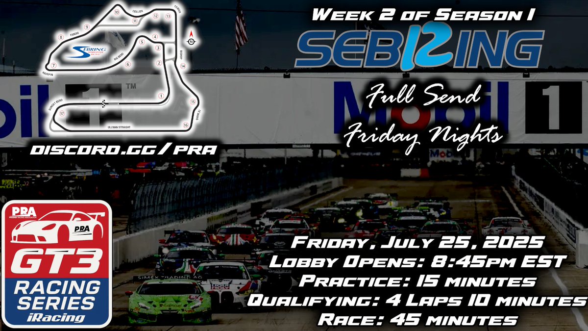 Friday at 8:45pm EST
Discord: discord.gg/pra
Grid Finder: gridfinder.com/c/ProdigyRacin…
Broadcast: twitch.tv/pra_network
Replay on YouTube: youtube.com/PRANetwork2
#gt3 #gt3racing #iracing #Broadcasting #twitch #YouTube #sebring