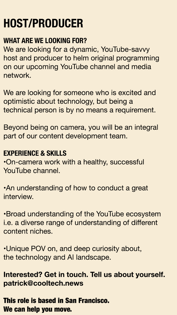 Patrick McGuire (@patrickmcguire) on Twitter photo Iām building a new kind of tech media company in San Francisco with an amazing team ā and weāre hiring for a few key founding roles. Based in the epicenter of the AI revolution, this is a rare opportunity to help develop the voice of a media network from the ground up.
Weāre Iām building a new kind of tech media company in San Francisco with an amazing team ā and weāre hiring for a few key founding roles. Based in the epicenter of the AI revolution, this is a rare opportunity to help develop the voice of a media network from the ground up.
Weāre