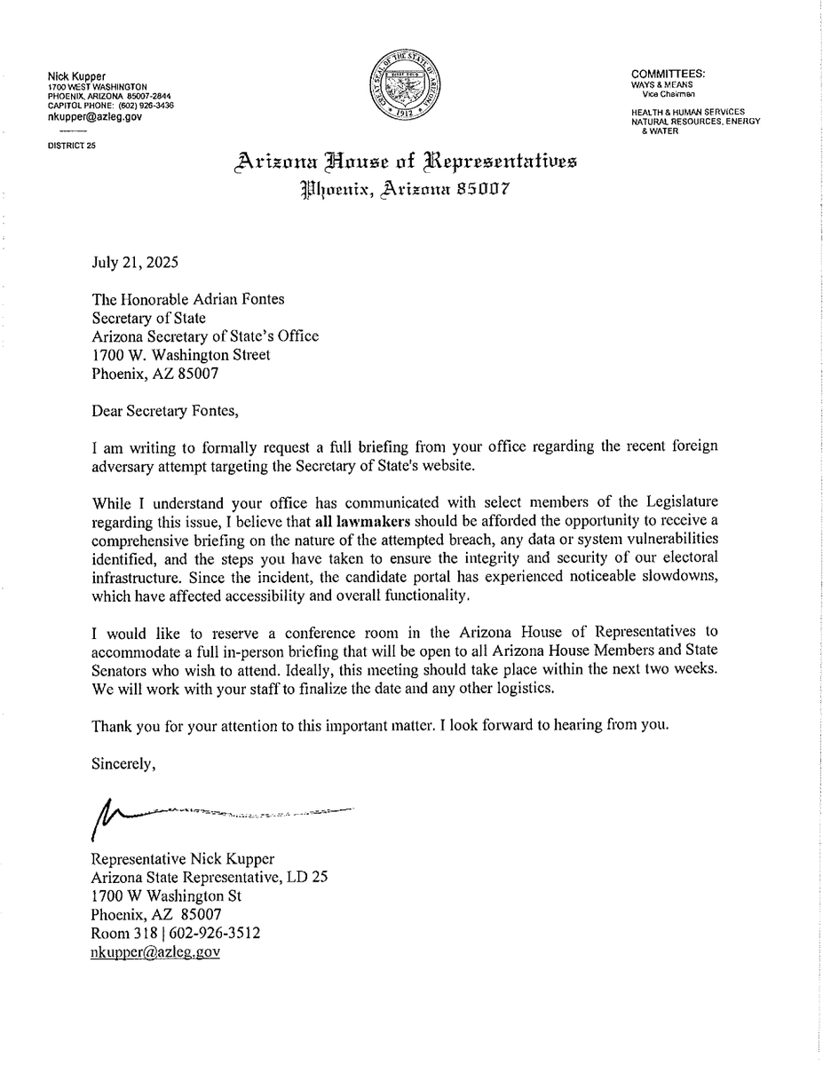 MaricopaGOP's tweet image. via @AZHouseGOP: "Rep. Nick Kupper @realNickKupper Calls for Full Legislative Briefing on Iranian Cyberattack Targeting Secretary of State Website"
"Arizona’s election systems should never be this easy a target for foreign adversaries."