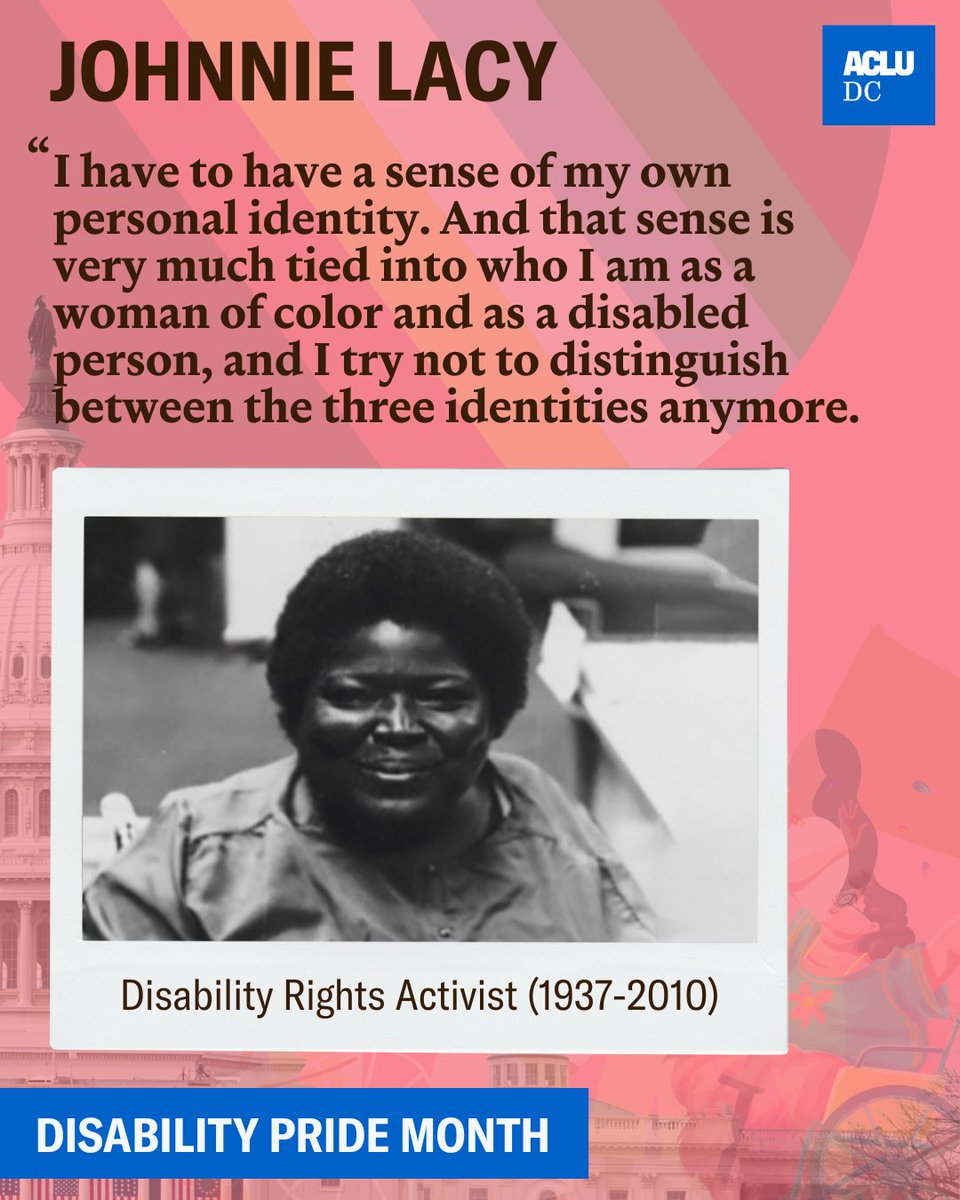 ACLU_DC's tweet image. Johnnie Lacy was a civil and disability rights advocate and a leader in the independent living movement, fighting for choice and accessibility.
We honor Johnnie and all who continue to speak out against discrimination and defend our right to live independent lives.