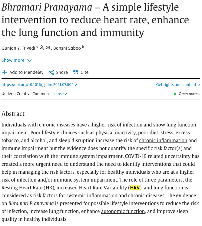 I love it when science catches up to what ancient traditions have known forever:

Bhramari Pranayama (humming bee breath) lowers heart rate, boosts HRV, strengthens lungs, improves sleep, enhances immunity, and balances the autonomic nervous system via vagus nerve stimulation.