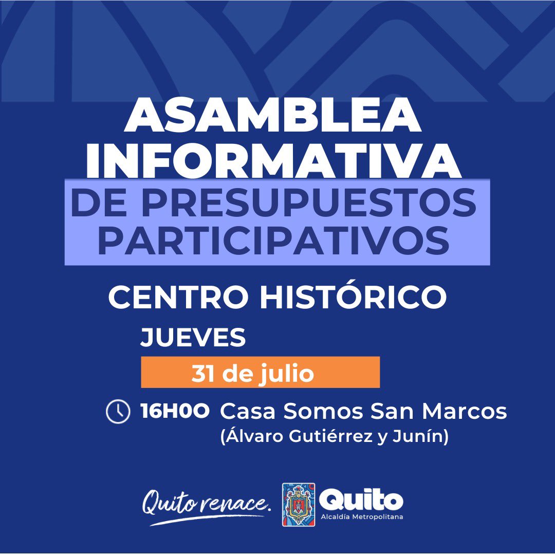 🙋‍♀️🙋‍♂️ #QuitoParticipa | Te esperamos en las Asambleas Informativas de #PresupuestosParticipativos de la Zona Centro, donde se informará la factibilidad de las obras y proyectos presentados por la comunidad. 

#QuitoRenace