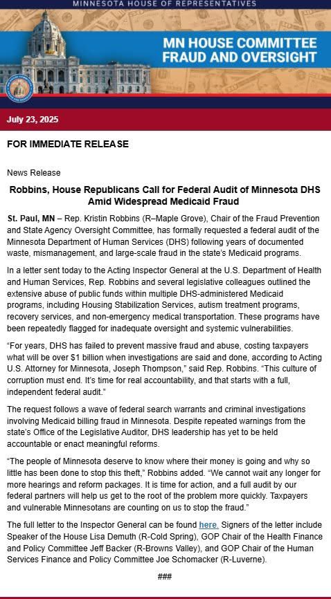 Kristin Robbins (@krobbinsmn) on Twitter photo 🚨BREAKING NEWS
Today, I sent a letter with Speaker <a href="/LisaDemuthMN/">Lisa Demuth</a>, Chair <a href="/JeffBacker/">Jeff Backer</a>, & Chair Joe Schomacker to the U.S. Dpt. of Health and Human Services requesting a federal audit of MN DHS due to rampant Medicaid fraud. Read the letter & release below👇 🚨BREAKING NEWS
Today, I sent a letter with Speaker <a href="/LisaDemuthMN/">Lisa Demuth</a>, Chair <a href="/JeffBacker/">Jeff Backer</a>, & Chair Joe Schomacker to the U.S. Dpt. of Health and Human Services requesting a federal audit of MN DHS due to rampant Medicaid fraud. Read the letter & release below👇