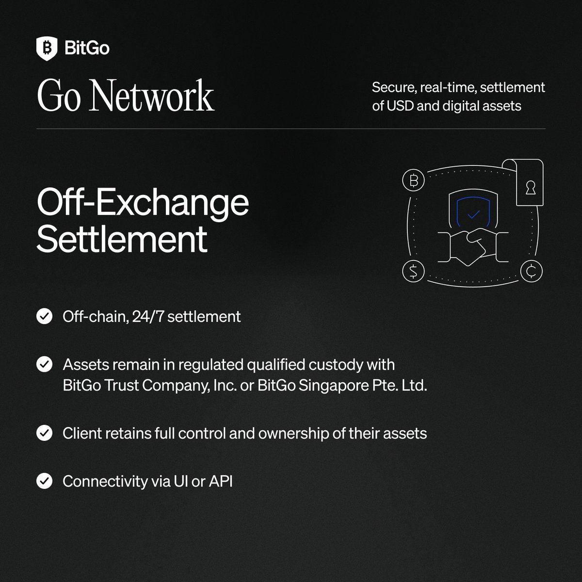 BitGo's tweet image. Access deep exchange and OTC liquidity, without taking on unnecessary custodial or counterparty risk.
With the Go Network, your assets remain in qualified custody while you trade across venues.
Institutional liquidity. Smarter risk management.
Ready?
Set.
GO!…