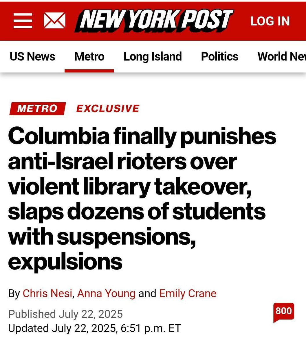 Fundji3's tweet image. #Columbia University has suspended approximately 70-80 students from their studies for periods of 1-3 years following their takeover of the library building this past May 2025 while chanting anti-Israel slogans. Some of the students may be suspended permanently.