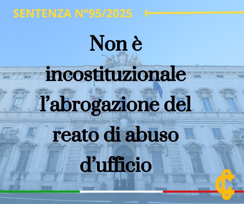 CorteCost's tweet image. Non è incostituzionale l’abrogazione del reato di abuso d’ufficio.
youtu.be/Dmocljz_J8s?fe…
La #sentenza n°95 del 2025 in 3 minuti per la serie di #podcast della #Cortecostituzionale.