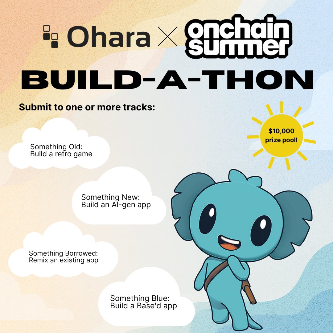 tryoharaAI's tweet image. 🚨We're kicking off Onchain Summer with a Build-a-Thon!🚨
Retro games. AI chaos. Remix culture. @base'd energy.
To Enter: Build an app, screen record it using our native recorder, post the video and a link to your app on X, IG or TT. Tag us!
$10,000 in rewards up for grabs.…