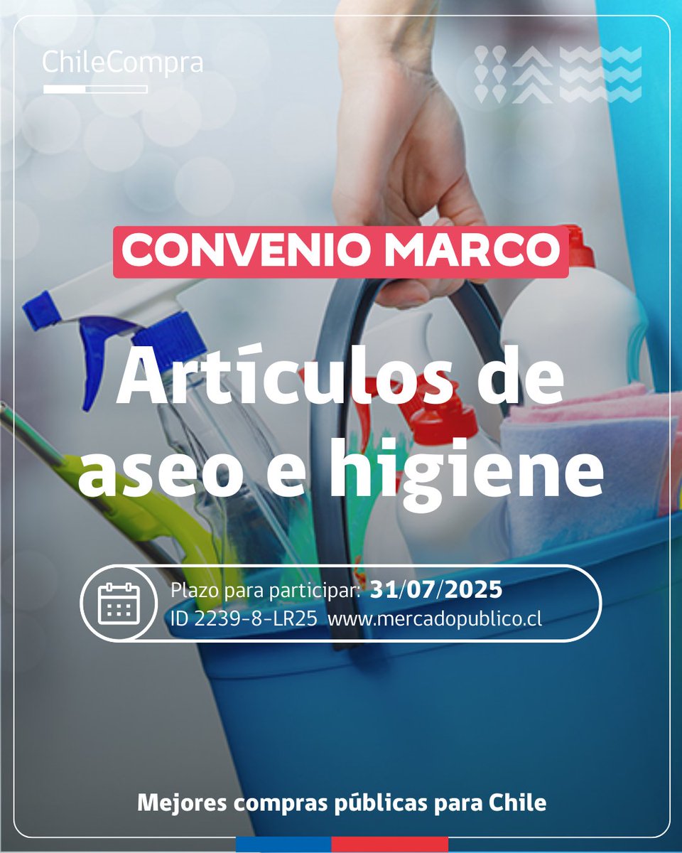 ChileCompra's tweet image. 📢 ¡Atención proveedores! Se amplía hasta el 31 de julio el plazo para postular al nuevo #ConvenioMarco de artículos de aseo e higiene🧽
Licitación ID 2239-8-LR25 en 👉 mercadopublico.cl
🔹 Contrataciones hasta 25.000 UTM
🔹 Más eficiencia con productos estandarizados…