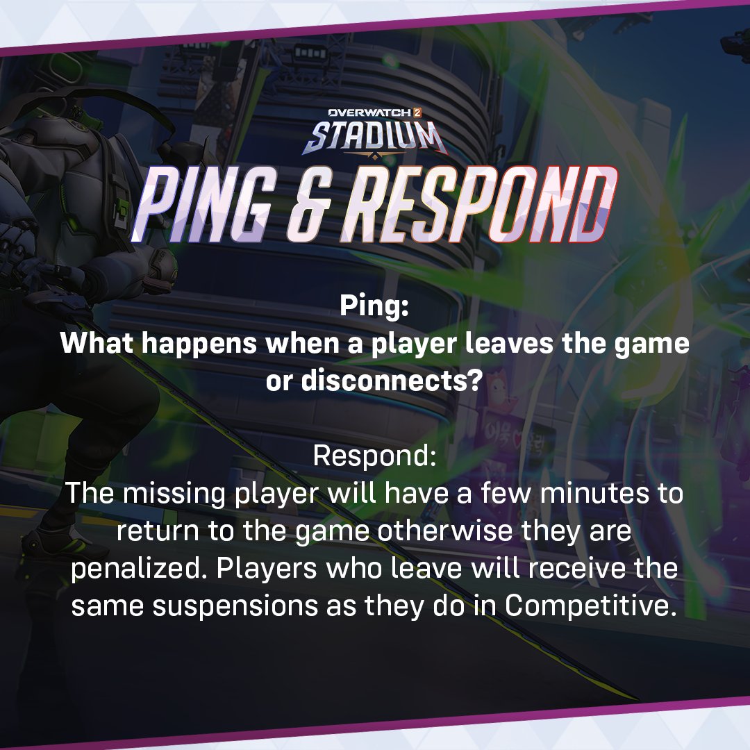 PlayOverwatch's tweet image. Winning as a team starts by staying as a team from the start of a match until the end 🤝
Check out this week’s Ping & Respond as we go over what happens when a player leaves a Stadium match too early and the penalties that can come from it 🏟️