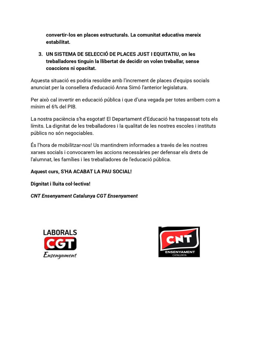⚠️400 LLOCS DE FEINA EN PERILL

El Departament d'<a href="/educaciocat/">Educació</a> ha passat tots els límits, a 23 de juliol 400 treballadores dels equips socials d'escoles i instituts no saben si se'n van al carrer!

Atentes a les mobilitzacions
👇📝👇