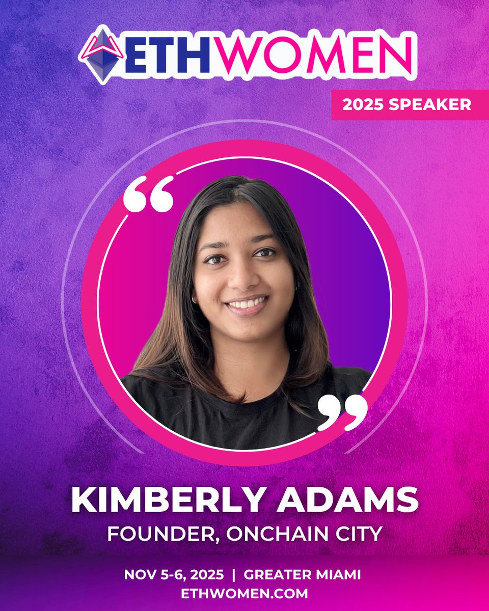 Ethereum_Women's tweet image. ๐ซ Just announced: Kimberly Adams @0xKimberly of @OnchainCity is speaking at the 4th Annual ETHWomen Miami! ๐ด
๐
Nov 5โ6, 2025
๐ DAER + Hard Rock Hotel
A free, female-focused Web3 event.
๐๏ธ Sign up today!