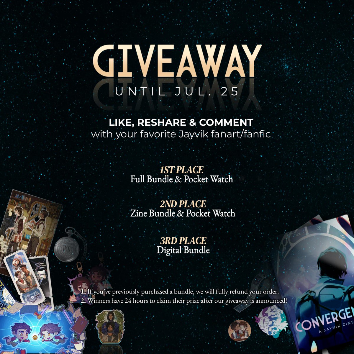 Convergence: A Jayvik Zine | Creation Period (@jayvikfanzine) on Twitter photo โฆ ๐๐๐๐๐๐๐๐๐๐๐ ๐๐๐๐๐๐๐๐ โฆ
To celebrate the success of Convergence and as the last week approaches, we have decided to host a giveaway ๐
To participate:
โฆ Follow us
โฆ Like + share this post
โฆ Reply with your favorite Jayvik fanart or fic recommendation! โฆ ๐๐๐๐๐๐๐๐๐๐๐ ๐๐๐๐๐๐๐๐ โฆ
To celebrate the success of Convergence and as the last week approaches, we have decided to host a giveaway ๐
To participate:
โฆ Follow us
โฆ Like + share this post
โฆ Reply with your favorite Jayvik fanart or fic recommendation!