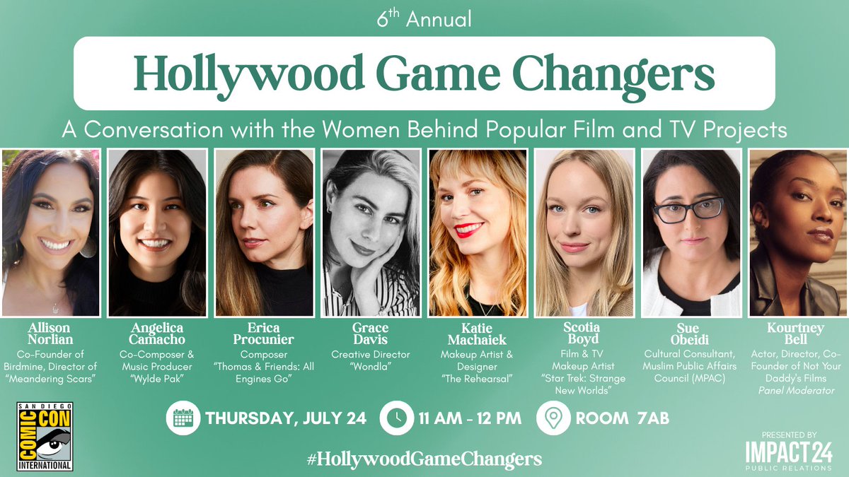 Impact24PR's tweet image. Catch our Hollywood Game Changers panel at @Comic_Con! Hear from the women leading the charge behind film and TV projects like #StrangeNewWorlds, #TheRehearsal, #WondLa, and more!
✨ #HollywoodGameChangers | 7/24 |11AM | Room 7AB | sched.co/26wdi
#SDCC
