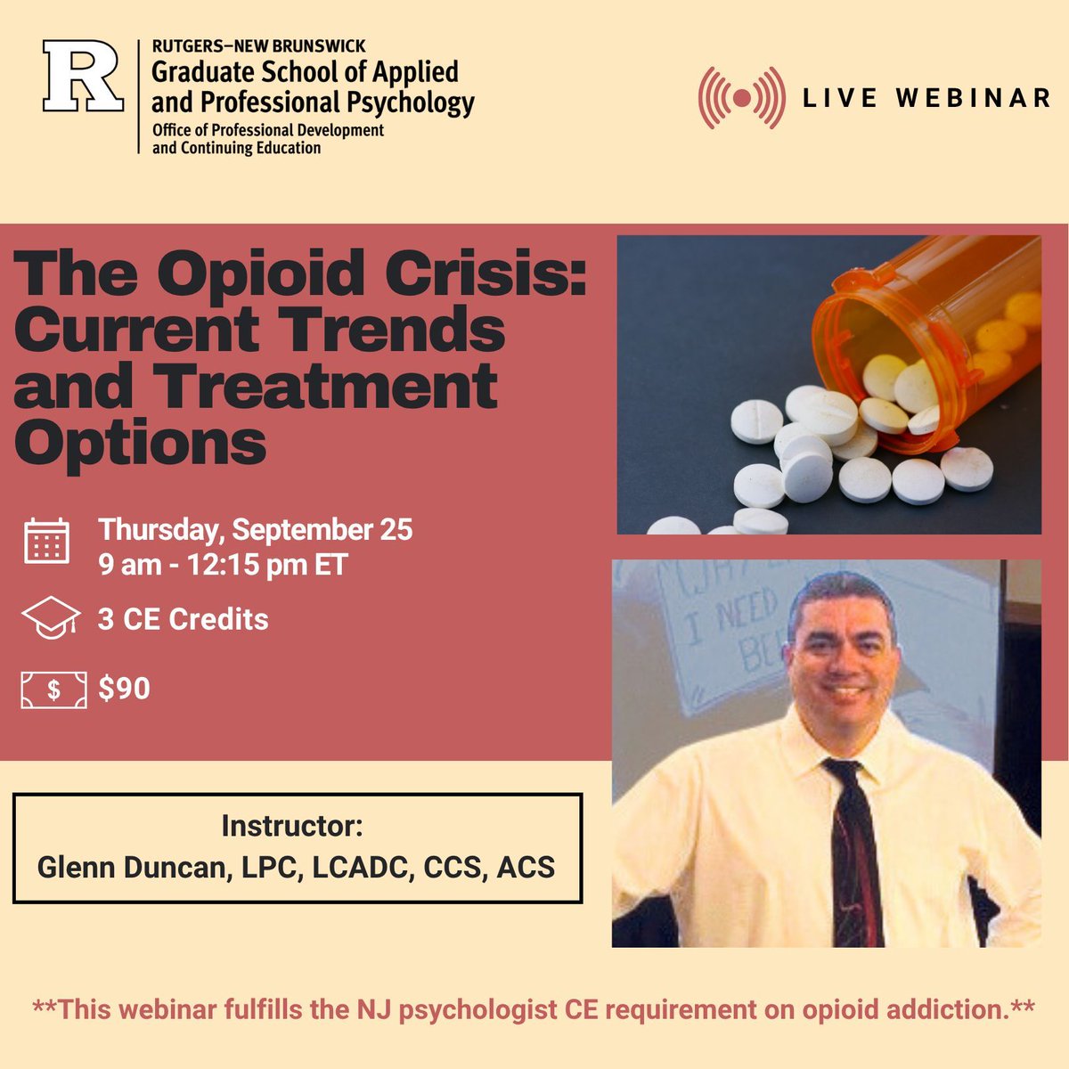 Rutgers GSAPP (@rutgersgsapp) on Twitter photo Itās Webinar Wednesday! In this session, participants will explore differences btw opiates, examine NJ & national trends, & learn how legislation & drug classifications shape treatment.
š Learn More & Register: buff.ly/wJcSPlM
Questions? Contact ce@gsapp.rutgers.edu Itās Webinar Wednesday! In this session, participants will explore differences btw opiates, examine NJ & national trends, & learn how legislation & drug classifications shape treatment.
š Learn More & Register: buff.ly/wJcSPlM
Questions? Contact ce@gsapp.rutgers.edu
