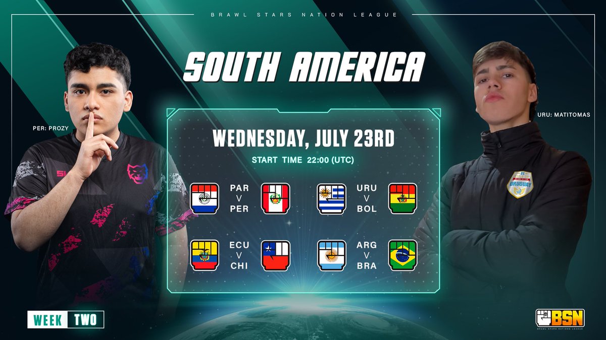 BSN: Brawl Stars Nations League (@brawlpseries) on Twitter photo #BSN • MATCH DAY!
SA - WEEK 2
⏰ 19:00 🇧🇷 (GMT-3)
Match 1
🇵🇾 <a href="/SeleccionBSPy/">Selección Paraguaya - BS 🇵🇾</a>
🆚
🇵🇪 <a href="/SeleccionPeBS/">Selección Peruana BS ⭐⭐</a>
Match 2
🇺🇾 <a href="/SelUruguayaBS/">Selección Uruguaya BS</a>
🆚
🇧🇴 <a href="/BrawlBolivia/">selección boliviana BS</a>
Match 3
🇪🇨 <a href="/Ecuador_Bs/">Ecu_Dominion</a>
🆚
🇨🇱 <a href="/SelCL_BS/">Selección Chilena BrawlStars</a>
Match 4
🇦🇷 <a href="/SeleccionARGBS/">🇦🇷| Sel. Argentina BS</a>
🆚
🇧🇷 <a href="/SelBrasil_BS/">Seleção Brasileira BS</a>
📺 Stream channels ⤵️ #BSN • MATCH DAY!
SA - WEEK 2
⏰ 19:00 🇧🇷 (GMT-3)
Match 1
🇵🇾 <a href="/SeleccionBSPy/">Selección Paraguaya - BS 🇵🇾</a>
🆚
🇵🇪 <a href="/SeleccionPeBS/">Selección Peruana BS ⭐⭐</a>
Match 2
🇺🇾 <a href="/SelUruguayaBS/">Selección Uruguaya BS</a>
🆚
🇧🇴 <a href="/BrawlBolivia/">selección boliviana BS</a>
Match 3
🇪🇨 <a href="/Ecuador_Bs/">Ecu_Dominion</a>
🆚
🇨🇱 <a href="/SelCL_BS/">Selección Chilena BrawlStars</a>
Match 4
🇦🇷 <a href="/SeleccionARGBS/">🇦🇷| Sel. Argentina BS</a>
🆚
🇧🇷 <a href="/SelBrasil_BS/">Seleção Brasileira BS</a>
📺 Stream channels ⤵️