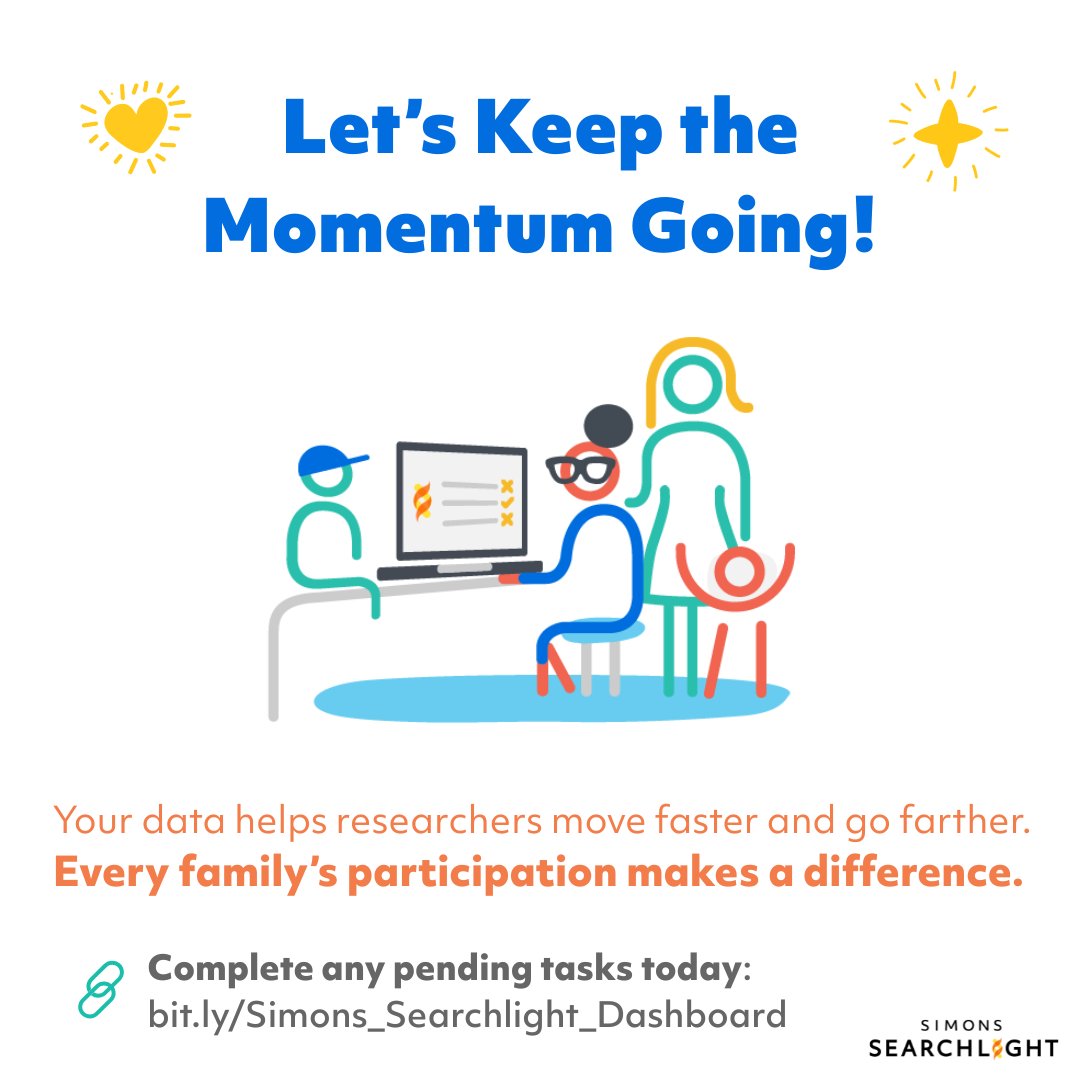 s_searchlight's tweet image. Every story matters. 💙
Thank you to the families who connected w/ us at a recent patient advocacy conference. Your voice is powering progress.
📲 Log in to complete surveys or send your blood sample: bit.ly/Simons_Searchl…
Not enrolled yet? Start here: bit.ly/Why_Join_Simon…