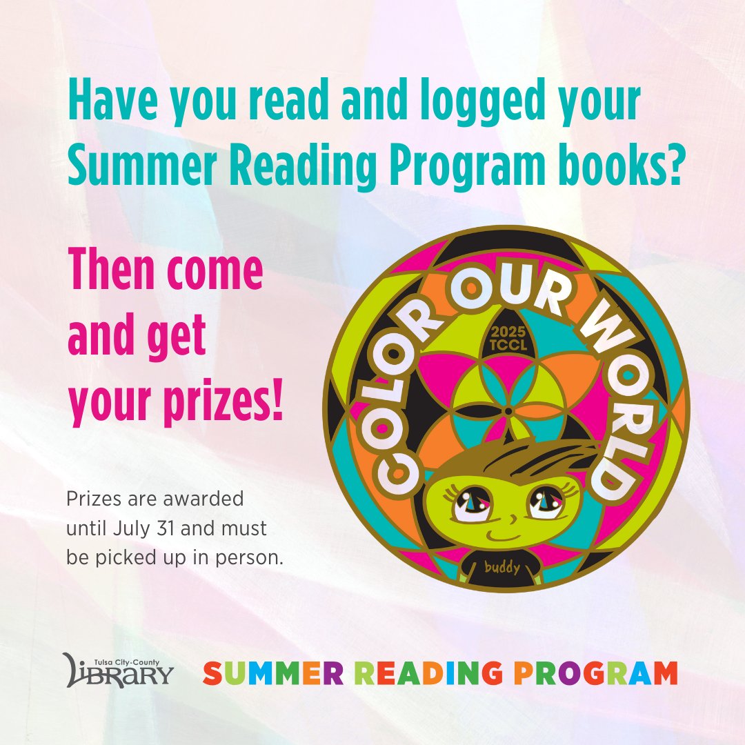 tulsalibrary's tweet image. It's prize time! 🏆 If you have completed your book log, you can pick up your prizes in-person at any one of our 24 branches through July 31.
The library reserves the right to substitute prizes when demand exceeds supply. Check out a list of prizes at tulsalibrary.org/summer.