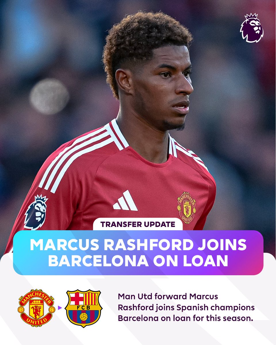 premierleague's tweet image. Marcus Rashford has completed a loan move from Man Utd to Barcelona 🔴