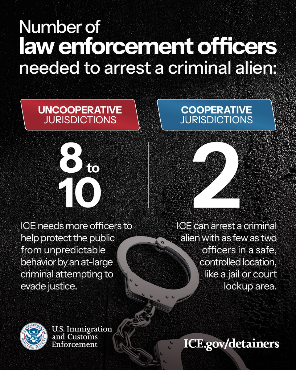 FAST FACT

Immigration detainers let ICE arrest criminal aliens in safe, controlled environments.

When a local jail or prison honors a detainer, removable aliens go from local custody to federal custody — with no chance to harm the public.