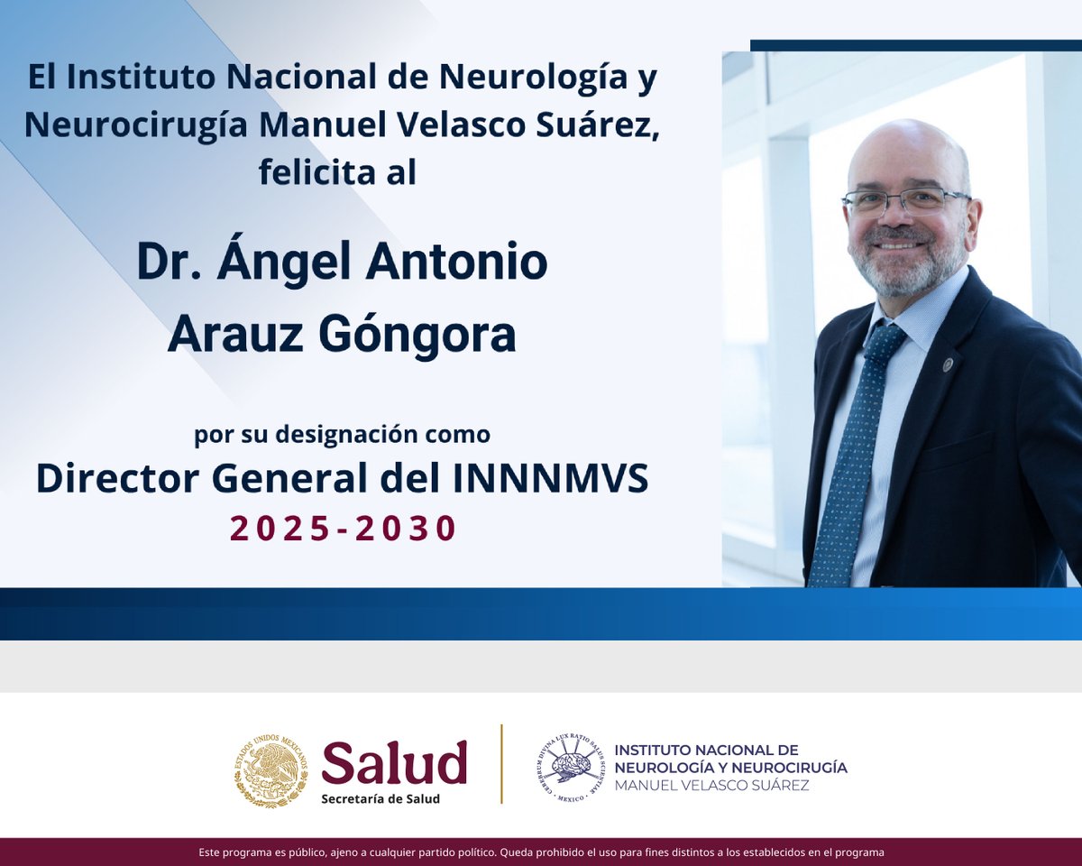 Instituto Nacional de Neurología y Neurocirugía (@innnmvs) on Twitter photo La comunidad institucional del <a href="/INNNMVS/">Instituto Nacional de Neurología y Neurocirugía</a>, extiende una felicitación al Doctor Ángel Antonio Arauz Góngora, por su designación como Director General de esta institución para el periodo 2025-2030.
Enhorabuena La comunidad institucional del <a href="/INNNMVS/">Instituto Nacional de Neurología y Neurocirugía</a>, extiende una felicitación al Doctor Ángel Antonio Arauz Góngora, por su designación como Director General de esta institución para el periodo 2025-2030.
Enhorabuena