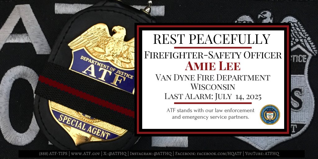 ATFHQ's tweet image. Our sincere condolences go out to the Van Dyne Fire Department and the family and friends of Firefighter-Safety Officer Amie Lee, who suffered an injury at work and died days later from suspected complications. She served as a volunteer for 13 years. #LODD #LastAlarm @ATFStPaul