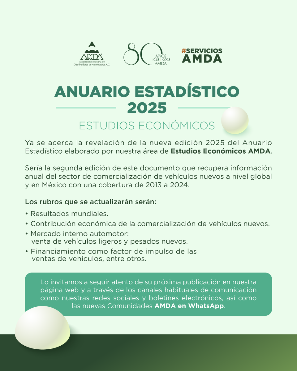 #ServiciosAMDA

Uno de los trabajos que realiza nuestra área de Estudios Económicos es el Anuario Estadístico; conoce más sobre él y no olvides mantenerte atento a la publicación de la edición 2025.