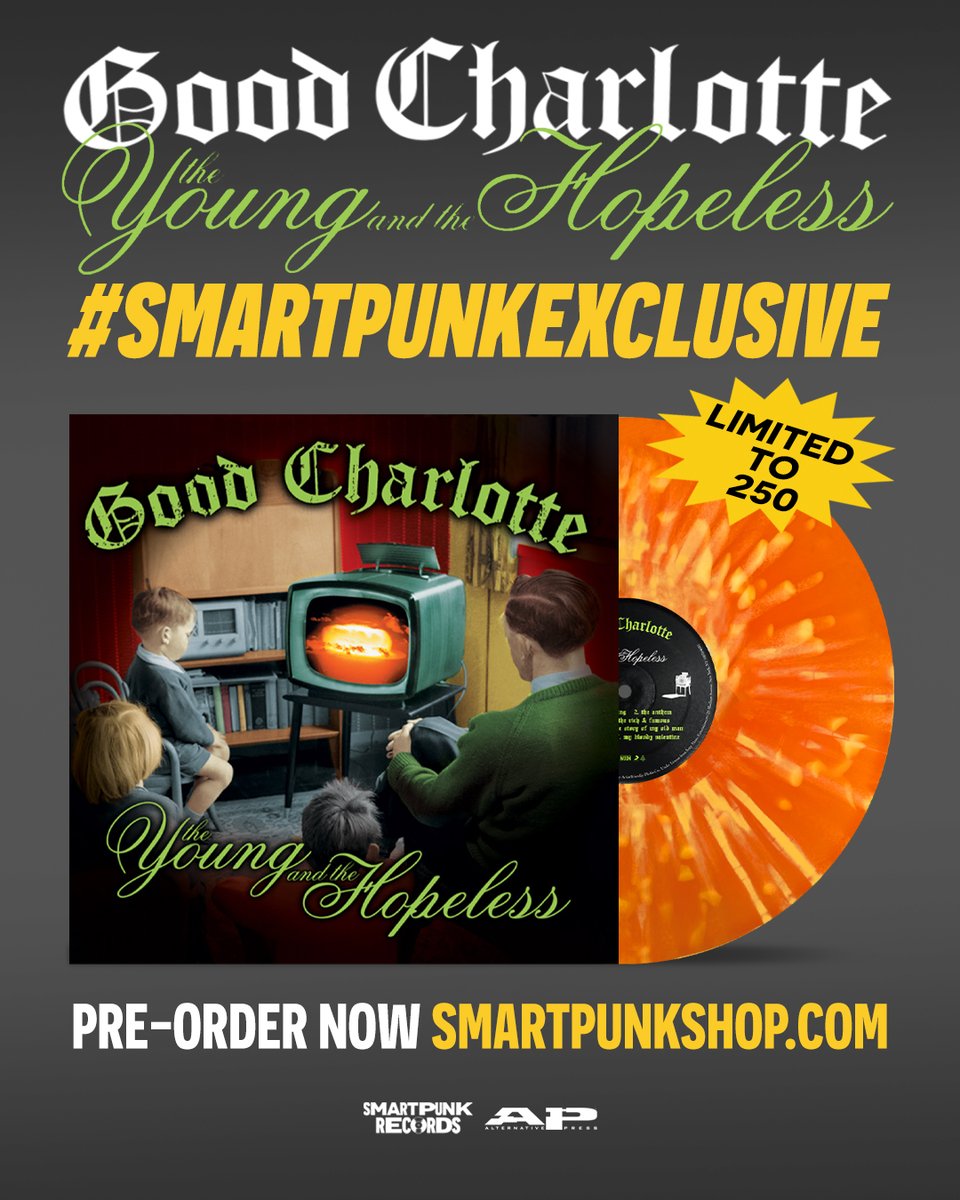 smartpunk's tweet image. We are getting ready for Warped Tour weekend by bringing you a #SmartpunkExclusive of @GoodCharlotte&apos;s &quot;The Young and The Hopeless&quot; limited to only 250 copies, and hand numbered! Pre-order our orange with yellow splatter variant now at smartpunkshop.com/products/good-…