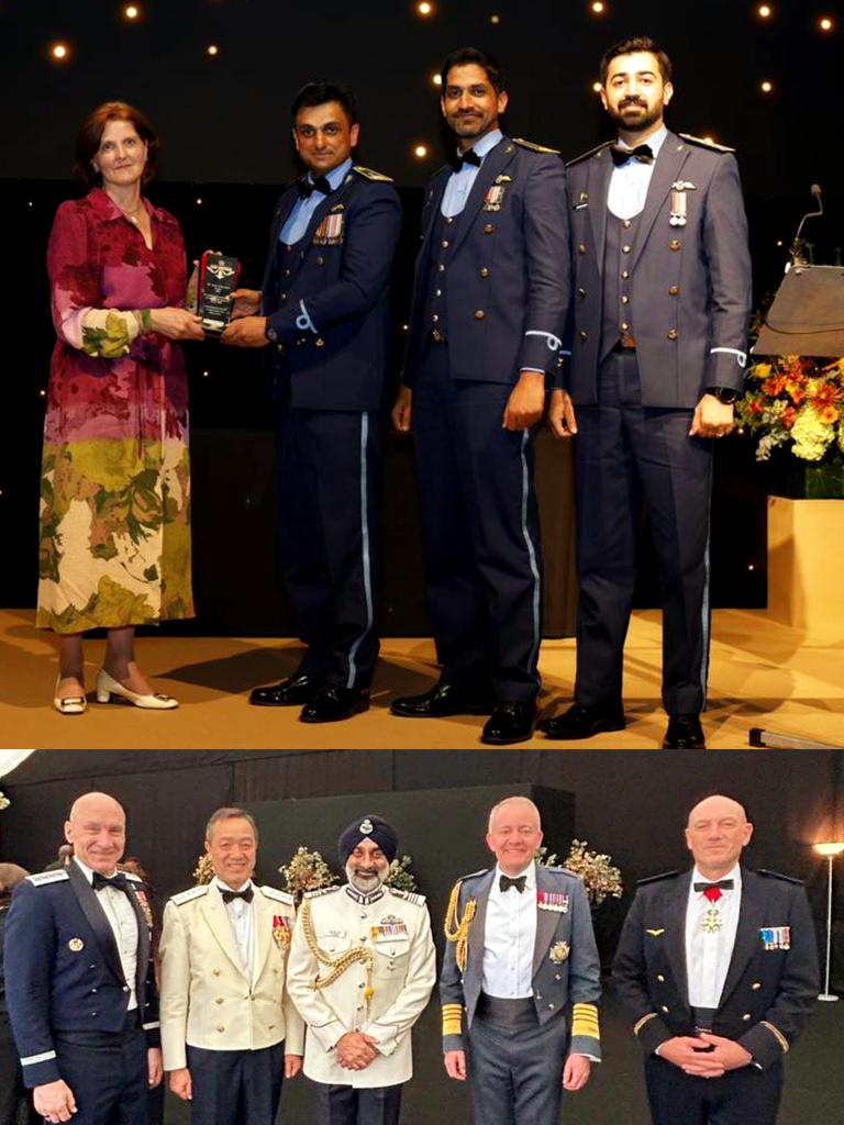 Tipu_Creativity's tweet image. Indian Air Chief Witnesses PAF Triumph – In a remarkable moment at RIAT 2025, the Indian Air Chief found himself at the same dinner where PAF stole the spotlight, bagging two prestigious trophies in front of a global audience.