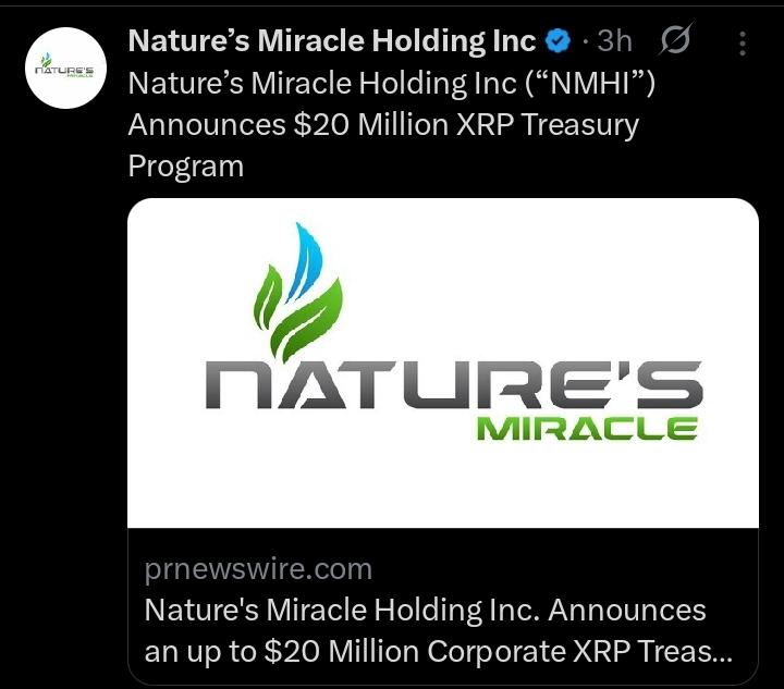 Xaif_Crypto's tweet image. 🚨 BREAKING: Nature's Miracle (#NMHI) plans to buy $20 million worth of #XRP! 🌱💸
Is this the next wave of institutional adoption? 👀