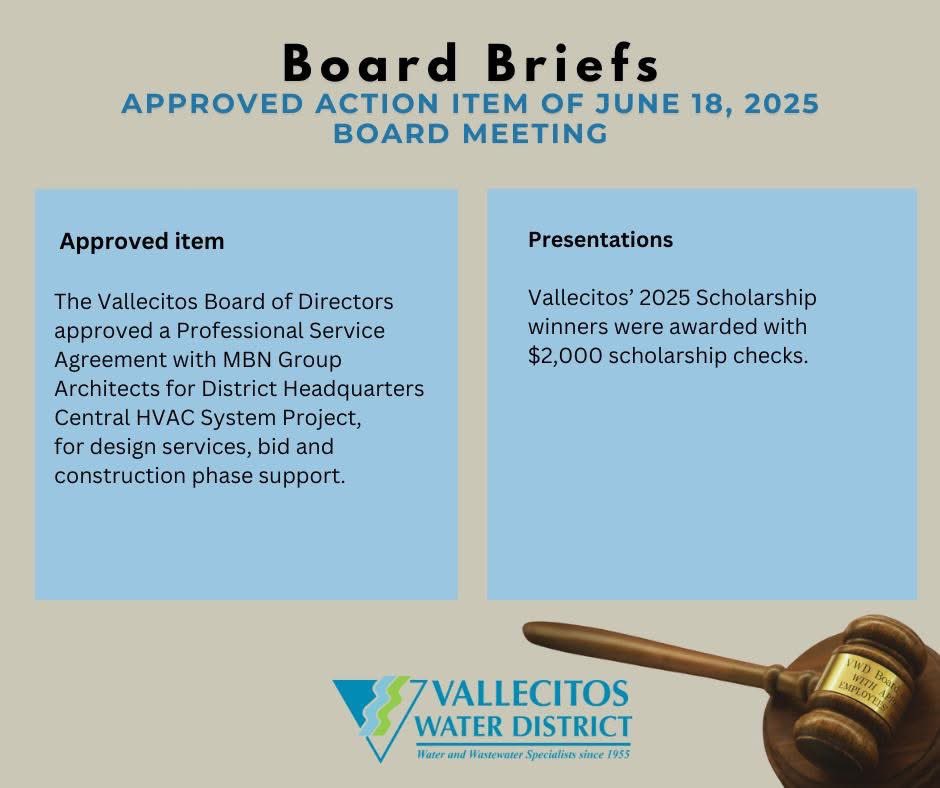 vallecitoswater's tweet image. Our Board of Directors & staff are dedicated to ensuring clear, open, & transparent communication through the Board Brief, a summary of key decisions & outcomes from each Board Meeting. Info below is from the 6/18/25 Board meeting. Meeting video at bit.ly/3UdT589.