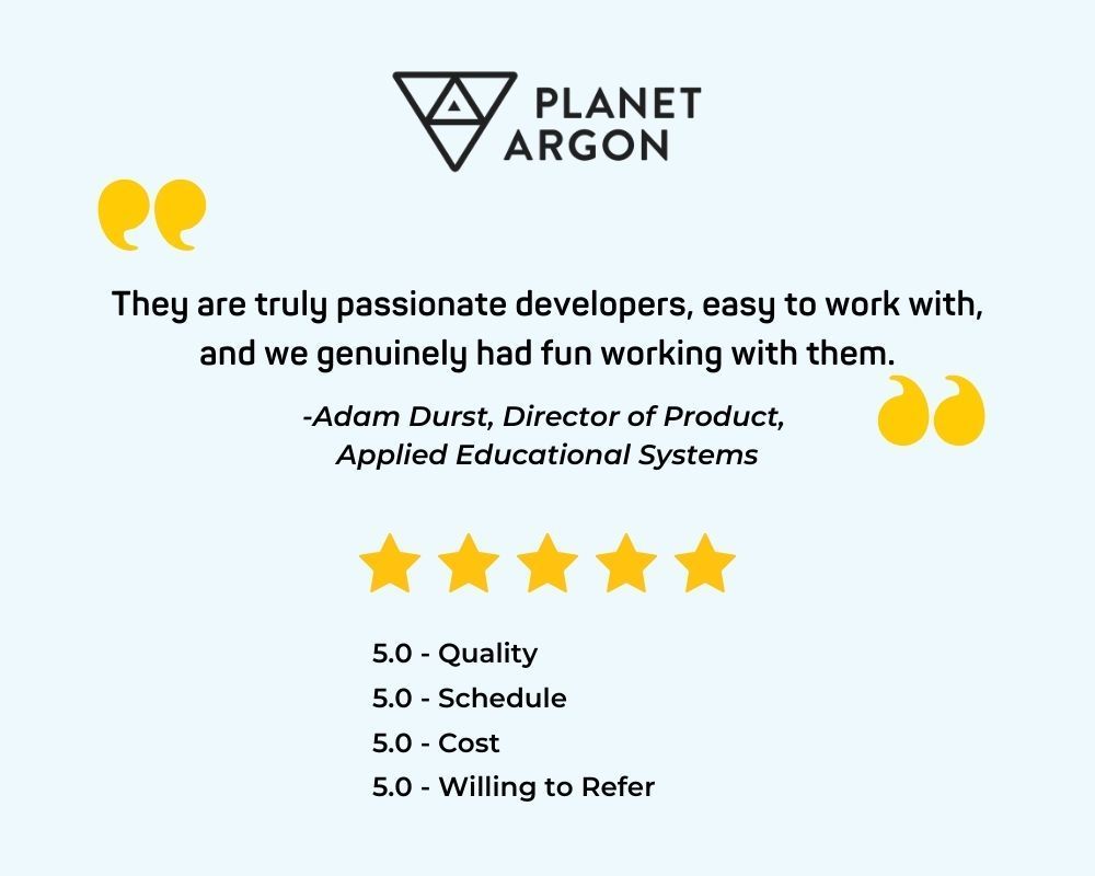 planetargon's tweet image. Applied Educational Systems called us in to review their Rails app and plan a smooth upgrade.
We audited. We assessed. We mapped it all out—without disrupting their flow.
Who said code reviews couldn’t make the honor roll?! 🎓📚