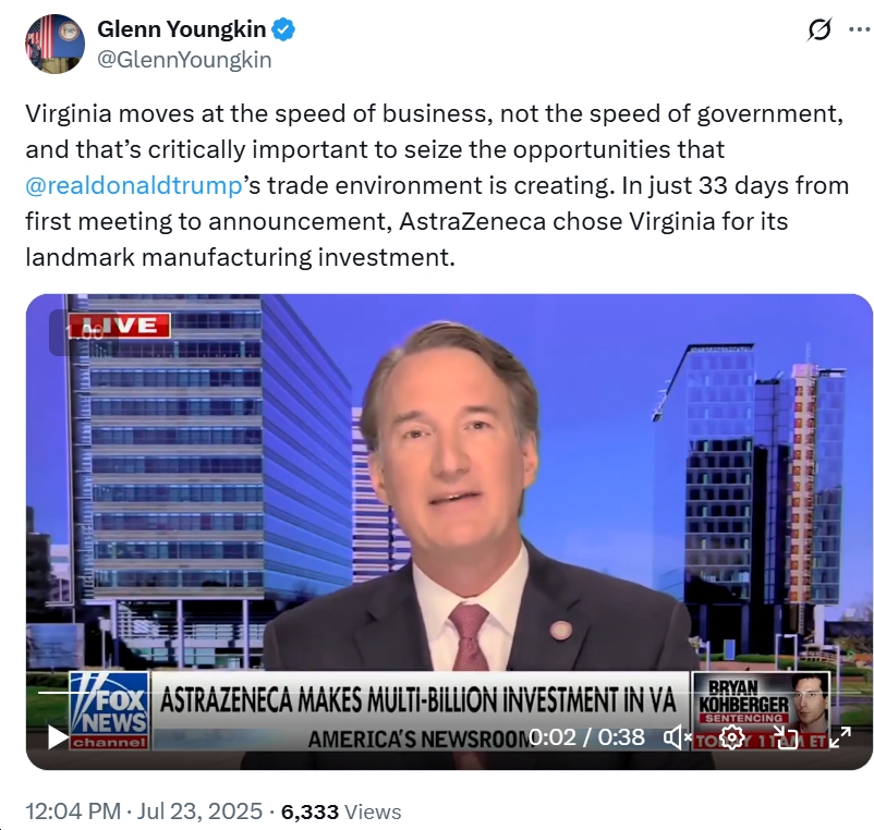 bluevirginia's tweet image. How is this really any different than if Youngkin were in North Korea, praising the "Dear Leader" Kim Jong Un? Also, Youngkin's just a pathological liar and the media should say so, clearly and directly...but they won't, of course. bluevirginia.us/2025/07/wednes…