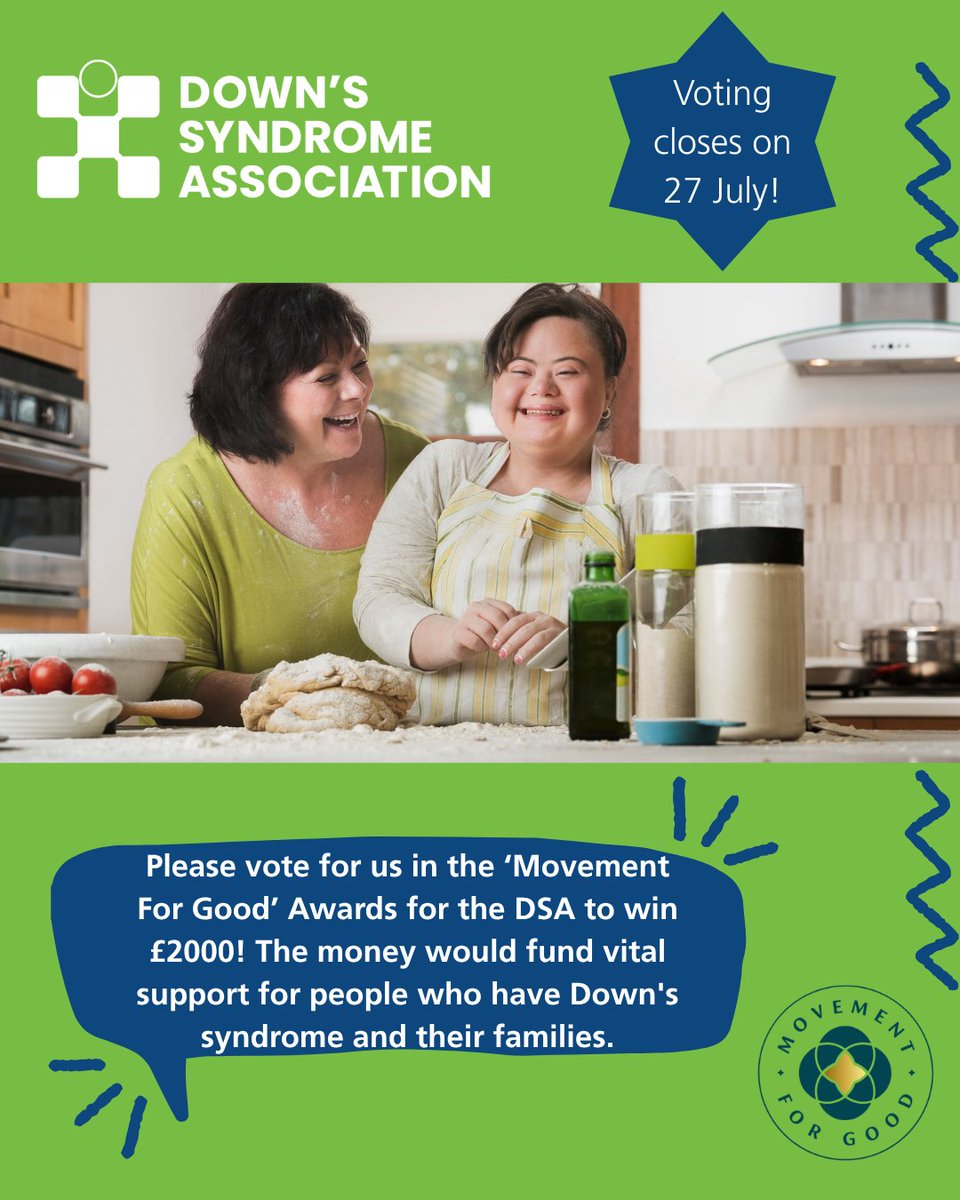DSAInfo's tweet image. Please nominate the Down's Syndrome Association for a £2,000 award through 'Movement for Good.' 💚
Help us to raise funds for the work of the DSA by nominating us for a £2,000 award. Simply click here: movementforgood.com then nominate a charity for an award and select the…