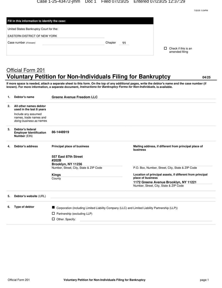 _RKConsultants's tweet image. Greene Avenue Freedom LLC Files Chapter 11 Bankruptcy
🚨 BANKRUPTCY FILING ALERT 🚨
Greene Avenue Freedom LLC
Chapter 11 - Eastern District of New York
Filed: July 23, 2025
Case No. 25-43472
📊 Assets: $1M-$10M | Liabilities: $500K-$1M | Total Creditors: 1-49 | Industry: Real…
