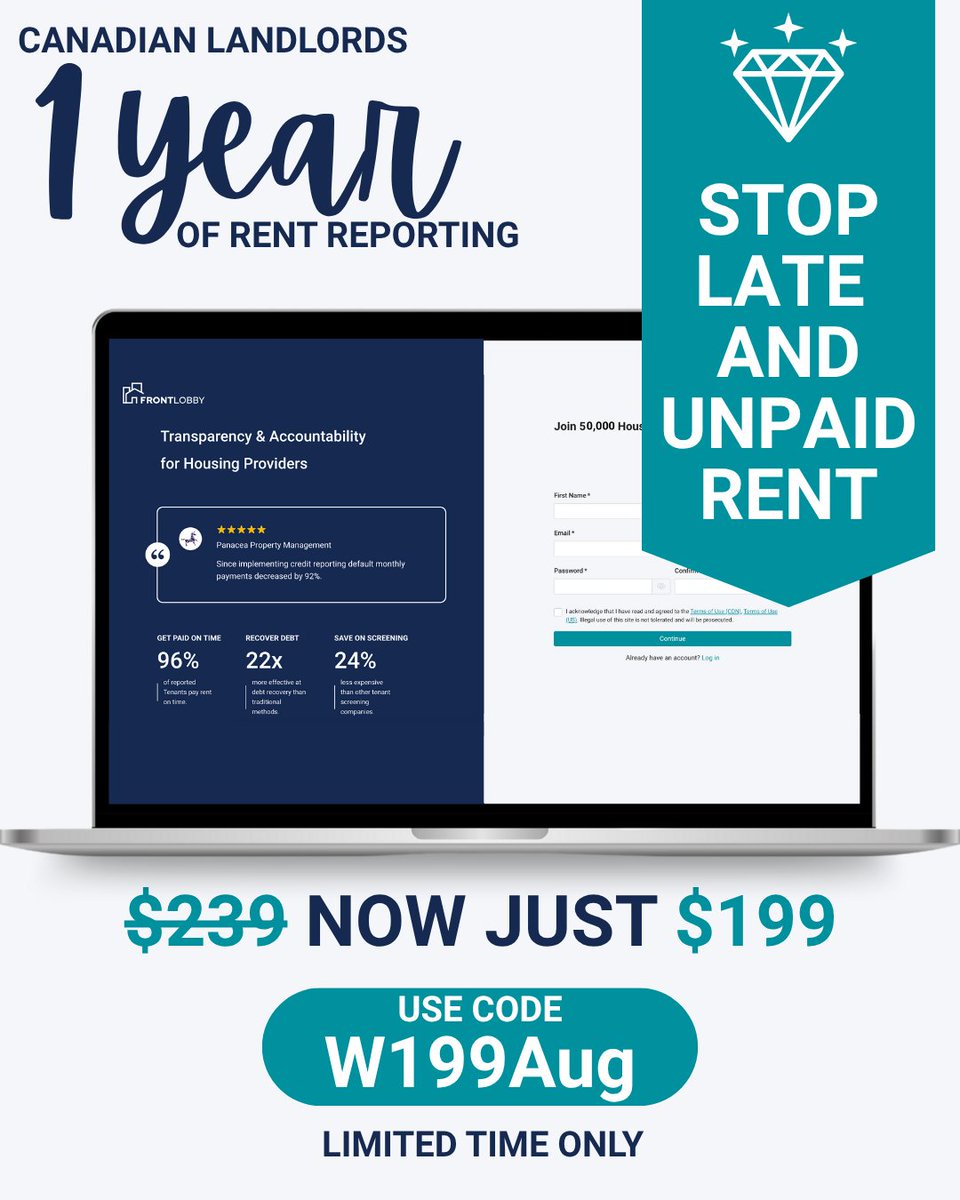 Canadian Landlords: Ready to reduce late rent?
Get 1 full year of Rent Reporting for just $199 (regularly $239).

✅ Stop late and unpaid rent
✅ Encourage on-time payments
✅ Protect your rental income

Use code W199Aug at checkout.
hubs.la/Q03yhnKF0