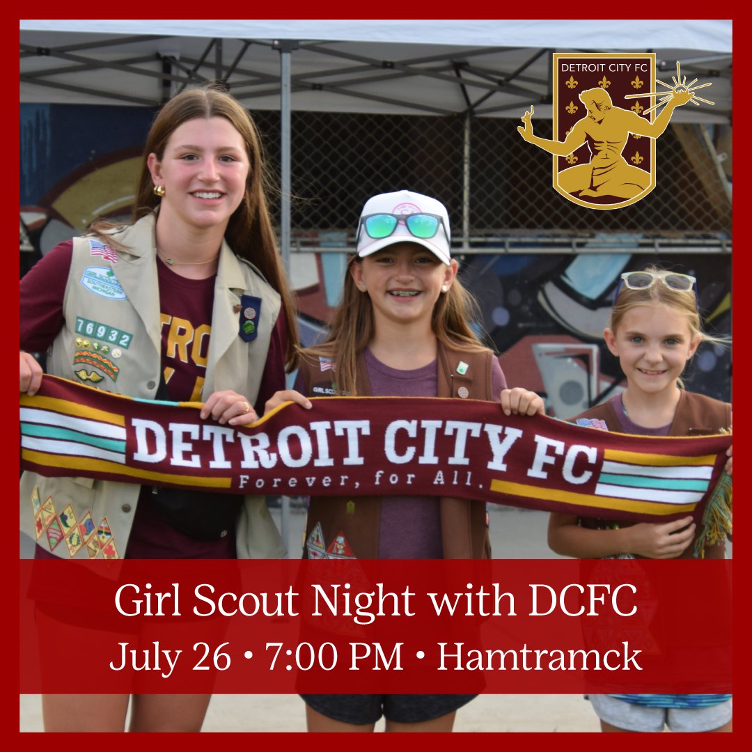 LAST CHANCE! ⚽ Join us at Keyworth Stadium in Hamtramck for Girl Scout Night to watch the Detroit City FC take on the Westchester Soccer Club on July 26!

👉 First 125 Girl Scouts will receive a DCFC patch!
REGISTER NOW: bit.ly/4iQ18me