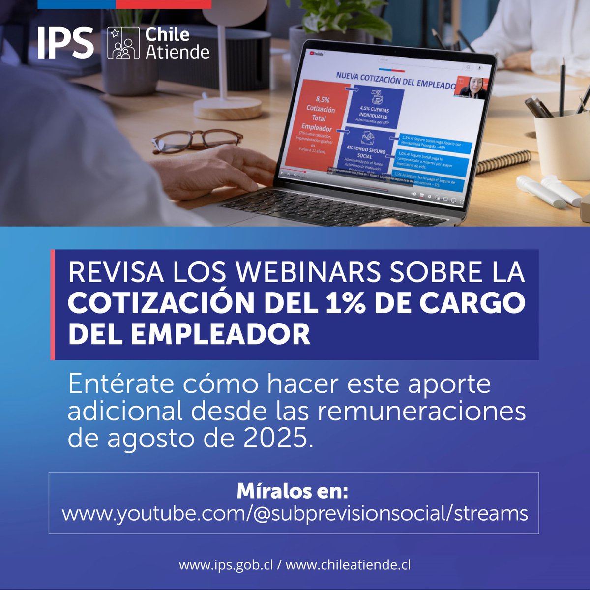 ¡Atención empleadoras y empleadores!
📢Los invitamos a revisar los webinars organizados por <a href="/previsionsocial/">Subsecretaría de Previsión Social</a>, en los que encontrarán información relevante sobre la implementación de la Reforma de Pensiones, con foco en la cotización adicional de 1%.
+Info👉tinyurl.com/246k9ym4