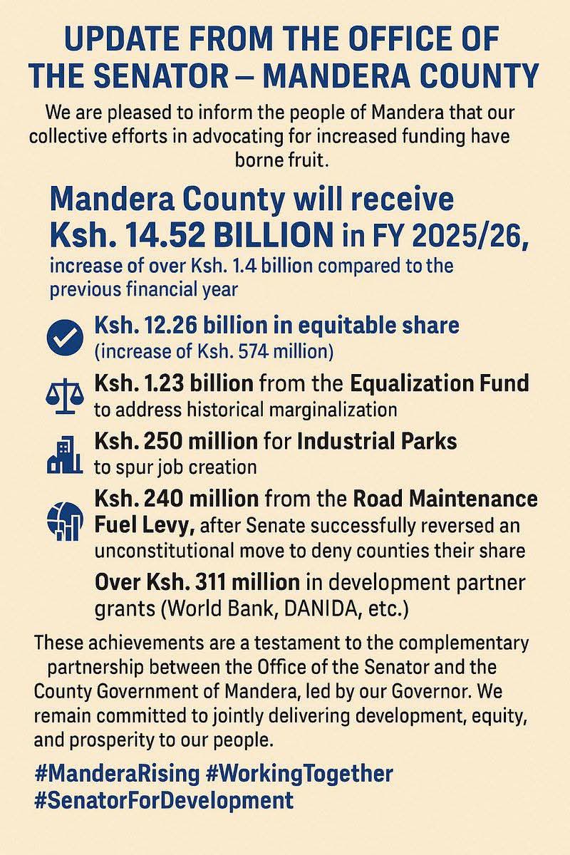 EcosystemPundit's tweet image. This is a lot of money. We must follow it from disbursement to project implementations. Mandera County should transform with such numbers.