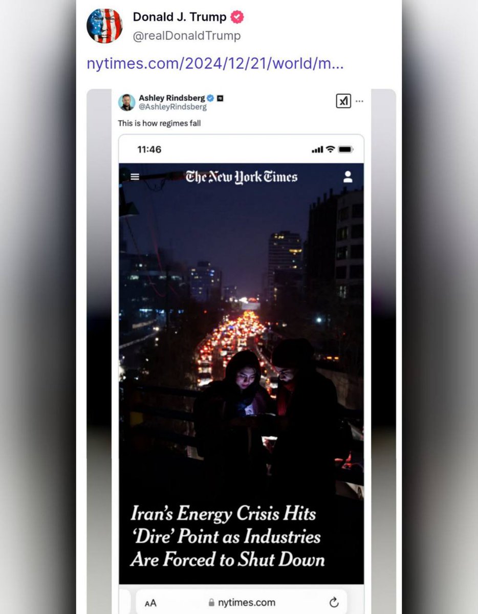 ⚡🇺🇸🦀پست چندماه پیش ترامپ با اشاره به بحران انرژی رژیم تروریستی جمهوری اسلامی:
«رژیم ها اینگونه سقوط میکنند»