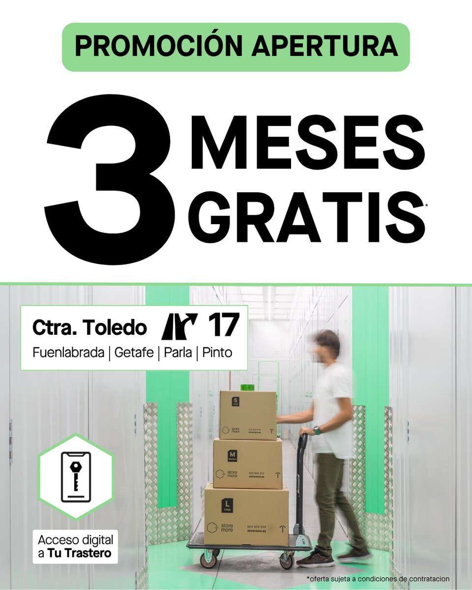 StoremoreES's tweet image. 🚀 Storemore aterriza en Fuenlabrada (salida 17, Carretera de Toledo) para dar servicio a Fuenlabrada, Getafe, Pinto y Parla.
📦 Trasteros inteligentes, acceso desde el móvil y seguridad 24/7.
🎁 PROMO DE APERTURA: 3 MESES GRATIS #TuTrasteroInteligente