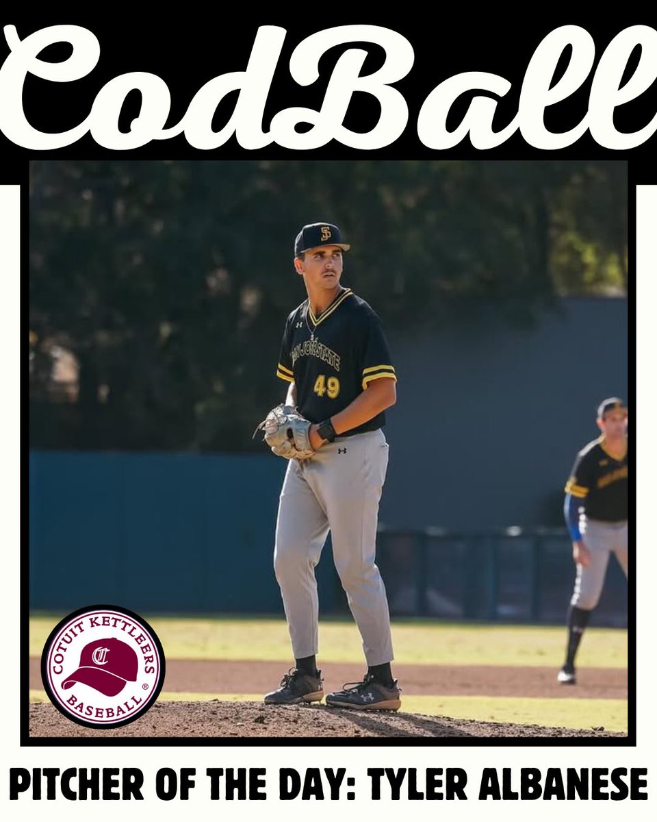 codball's tweet image. The CodBall Pitcher of the Day is Tyler Albanese (@SanJoseStateBSB)
Tyler collected 6 strikeouts while allowing no hits and no runs over 4 innings of work for the @CotuitKettleers last night