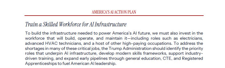 The AI Action Plan's worker-first agenda recognizes that technological advancement must benefit American families. AI infrastructure buildout will enable the reshoring of American manufacturing and create high-paying jobs while improving living standards for all.