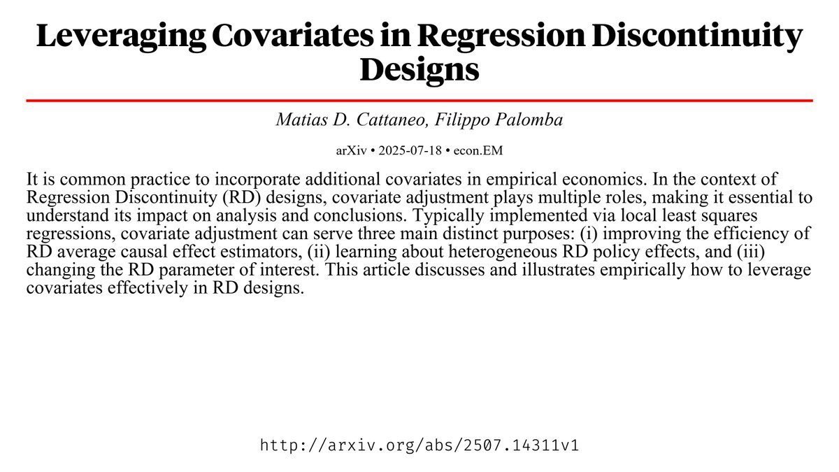 CapybaraPapers's tweet image. Leveraging Covariates in Regression Discontinuity Designs arxiv.org/abs/2507.14311…