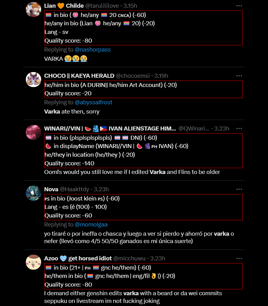 topkektweeter's tweet image. what's going on in the Varka trend? #trendswithaids
she/her: 49
he/him: 21
🏳️🌈: 11
vtuber: 9
🍉: 8
🏳️⚧️: 8
🇵🇸: 8
they/them: 8
she/they: 6
she/he: 6
he/they: 4
ele/dele: 4
lesbian: 3
he/she: 3
they/she: 3
🦋: 2
🌻: 2
they/he: 2
bi: 2