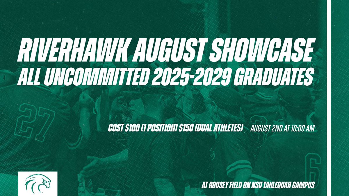 Northeastern State Baseball (@riverhawksbsb) on Twitter photo First opportunity to showcase yourself to the new coaching staff!
riverhawkbaseballcamps.com
Email willi528@nsuok.edu with questions
#RiseHigh | #TeamNSU First opportunity to showcase yourself to the new coaching staff!
riverhawkbaseballcamps.com
Email willi528@nsuok.edu with questions
#RiseHigh | #TeamNSU