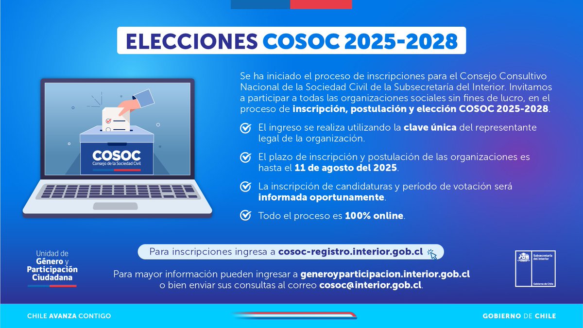 Delegación Presidencial Regional de Los Lagos (@dprloslagos) on Twitter photo 📢 La Comisión Electoral del Consejo Consultivo Nacional de la Sociedad Civil (COSOC) de la <a href="/SubseInterior/">Subsecretaría del Interior</a> convoca a las organizaciones y asociaciones sin fines de lucro a inscribirse para participar en el proceso de elecciones del COSOC 2025-2028. 📢 La Comisión Electoral del Consejo Consultivo Nacional de la Sociedad Civil (COSOC) de la <a href="/SubseInterior/">Subsecretaría del Interior</a> convoca a las organizaciones y asociaciones sin fines de lucro a inscribirse para participar en el proceso de elecciones del COSOC 2025-2028.
