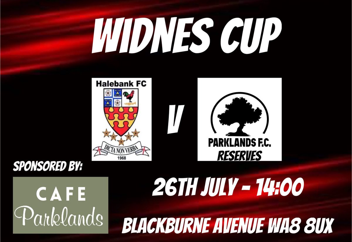 Our reserves won the Widnes Cup last season, can they defend their title. Round One:

🆚 <a href="/HalebankFC/">Halebank F.C.</a> 
🏟️ WA8 8UX
📆 Sat 26th July
🕑 14:00 KO 
🏆 <a href="/WidnesCup/">WidnesFootballForum</a> 
🤝 Cafe Parklands 

#grassrootsfootball #widnes
#halton #football #localfootball #11aside #mensfootball #NonLeague