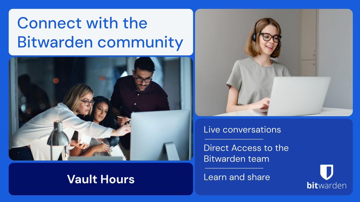 Bitwarden's tweet image. Are you ready? Join the Bitwarden team, community, and customers at Vault Hours this Friday! This monthly open discussion is the place to be for all things credential security and Bitwarden. Save your spot to join in! btwrdn.com/3Uojsbh #cybersecurity