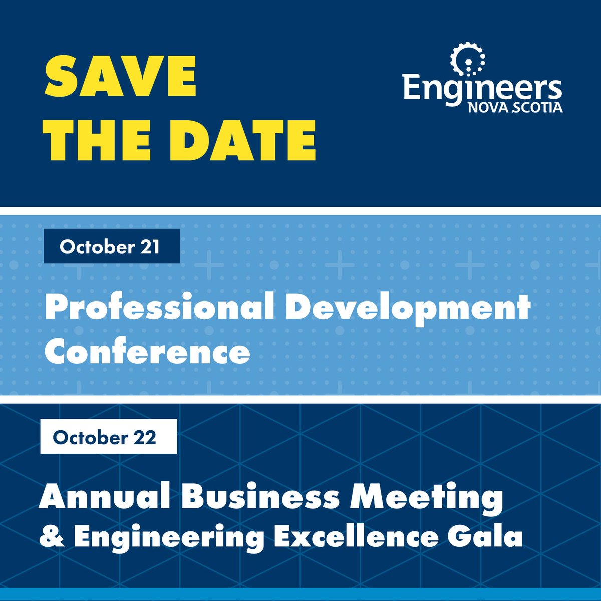 EngineersNS's tweet image. Mark your calendar for October 21 and October 22!
Get ready to connect with engineering professionals from across the province to learn, network, and celebrate engineering excellence. More details and registration information will be shared soon.