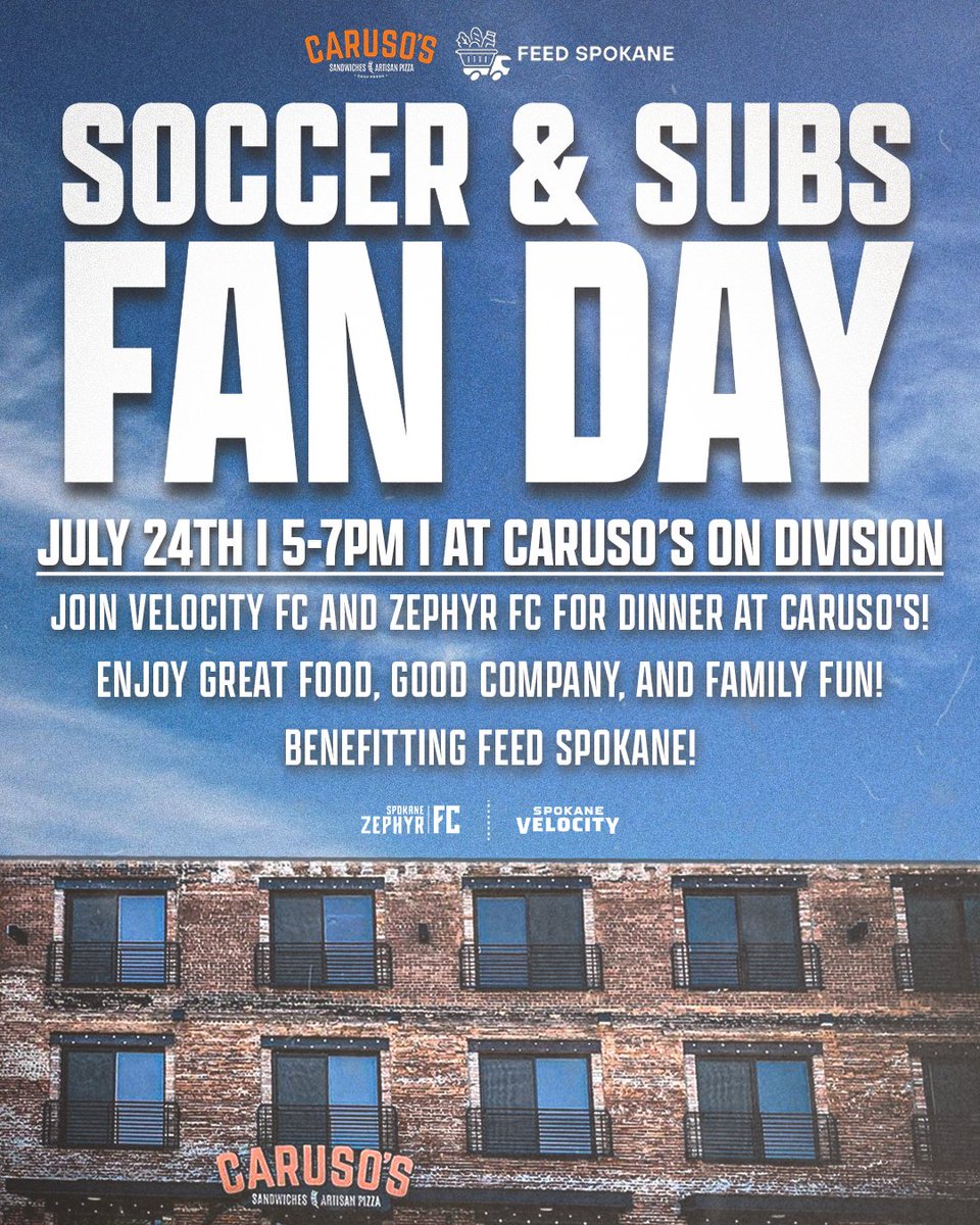 SpokaneVelocity's tweet image. Caruso's Soccer & Subs Fan Day is 𝙏𝙊𝙈𝙊𝙍𝙍𝙊𝙒 𝙉𝙄𝙂𝙃𝙏 🚨
Come join Velocity FC and Zephyr FC for dinner at Caruso's and enjoy great food, company, and family friendly games! We will have merch for sale and a signing station so you can come meet all your favorite players!